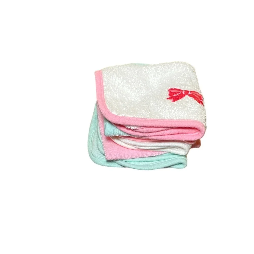 Gerber Nuby Baby Washcloths Set 6 Pink White Mint Green Good Bow Embroidery